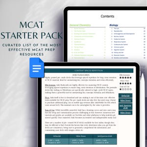 Peut inclure: Une capture d'écran d'un ordinateur affichant une liste de ressources de préparation au MCAT. La liste est intitulée "MCAT Starter Pack : Liste organisée des ressources de préparation au MCAT les plus efficaces". La liste comprend une section sur les cartes mémoire Anki, qui sont des jeux de cartes pré-faits très appréciés qui utilisent la répétition espacée pour la rétention à long terme du matériel MCAT. La liste comprend également une section sur la chimie générale et la biologie.