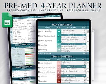 Könnte beinhalten: Ein digitales Tablet, auf dem ein 4-Jahres-Planer für die Vorklinik mit einer Checkliste, einem AAMCAs-Plan, Forschung und klinischen Praktika angezeigt wird. Der Planer enthält eine Kursliste, die Anzahl, die Anforderungen, den MCAT, den GPA, die Kurse, klinische Erfahrungen, Forschung, Aktivitäten und die Gesamtzahl der Stunden für jedes Semester.