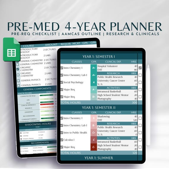 Pre-Med Planner | Medical School Guide, Clinical & Research Hours Log, AMCAS Activities Log, Application Manager, MCAT Template