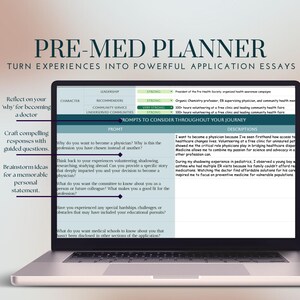 K&ouml;nnte beinhalten: Ein Laptop-Bildschirm zeigt einen Pre-Med-Planer mit einer Tabelle, die Charakter, F&uuml;hrung, Empfehlungen, Gemeindearbeit, benachteiligte Gemeinden, stark, sehr stark und Hinweise aufz listet, die w&auml;hrend Ihrer Reise zu ber&uuml;cksichtigen sind. Die Tabelle enth&auml;lt Beschreibungen f&uuml;r jede Kategorie. Der Text auf dem Bildschirm lautet "Pre-Med-Planer: Erfahrungen in aussagekr&auml;ftige Bewerbungsaufs&auml;tze verwandeln".