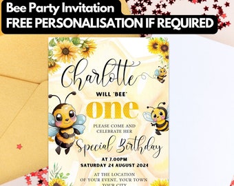 Bee birthday invite, bee invitation, bee birthday party template, bee birthday for digital download, First Bee Day, Bee First Birthday