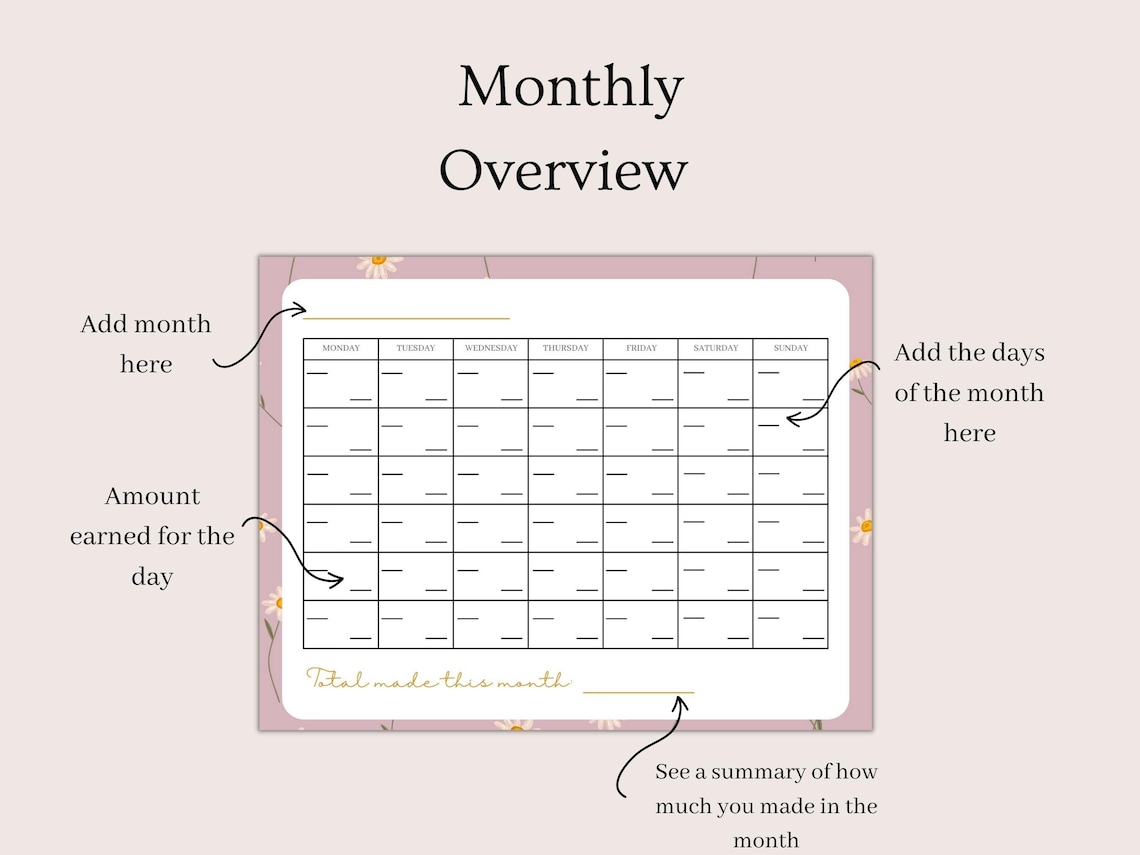 Digital Download Tip Tracker, Tip Tracker PDF for Waitress, Monthly Tip