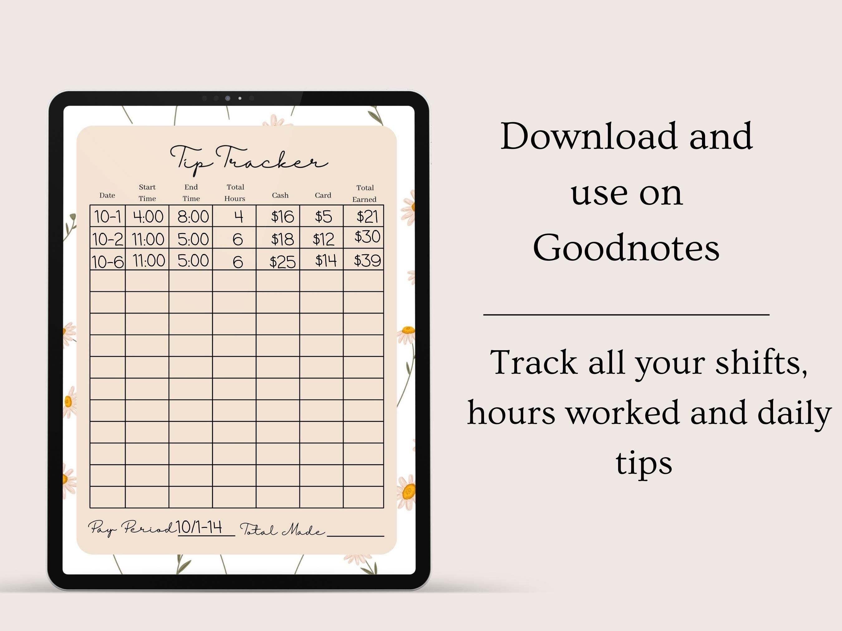 Digital Download Tip Tracker, Tip Tracker PDF for Waitress, Monthly Tip