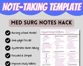 One-Pager Nursing Notes for Med Surg - Minimalist Vibe - Notes Template for Busy Nurses - Study Hack