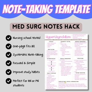 One-Pager Nursing Notes for Med Surg - Minimalist Vibe - Notes Template for Busy Nurses - Study Hack