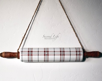 Upcycled Vintage Rolling Pin: White Plaid Farmhouse Kitchen Decor