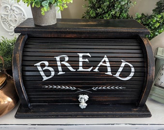 Large Wood Roll Top Bread box, Black, Kitchen Decor, Farmhouse Decor, Kitchen Storage