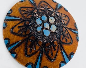 Gorgeous Hand Carved Wooden Round Brooch. Fabulous Floral Carved Wood Disc Brooch. Beautiful Flower Hand Carved In Disc Of Wood Brooch.