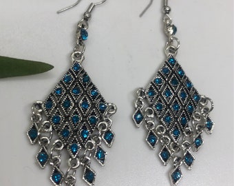 Stunning Simulated Sapphire + Faux Diamond Chandelier Earrings. Faux Blue Sapphire Silver Tone Drop Dangle Geometric Cocktail Earrings