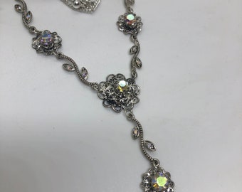 Pretty Filigree Silver Tone Y-Necklace with Aurora Borealis. 17inch with Drop Necklace. Beautiful Delicate Y Drop + AB Crystal Necklace
