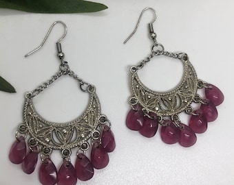 Gorgeous Pink Bead Silver Tone Filigree Drop Earrings. Pretty Silver Tone and Pink Beads Gypsy Earrings. Pretty Dangle Chandelier Earrings.