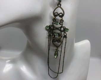 Long Gypsy Style Green Aurora Borealis Earrings. Chain Dangle Earrings with Green Faux Peridot Stones. Stunning Green Chandelier Earrings