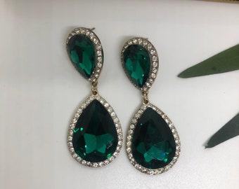Stunning Vintage Simulated Green Emerald + Faux Diamond Cocktail Earrings. Beautiful Faux Emerald Green + Simulated Diamond Wedding Earrings