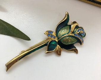 Beautiful Green Rose Brooch. Striking Vintage Gold Tone Green Rose Flower Brooch. Green Rose Floral 3D Brooch. Gold Tone Green Rose Brooch.