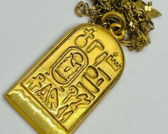 Fabulous Vintage Gold Tone Cartouche Egyptian Revival Pendant + Chain. Striking Egyptian Hieroglyphs Gold Tone Cartouche Pendant + Chain.