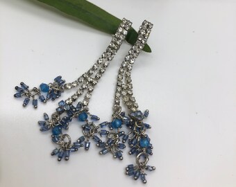Vintage Chandelier Cocktail Drop Earrings. Simulated Diamond Earrings with Blue Beads. Silver Tone Drop Earrings with Faux Blue Sapphires