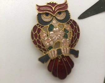 Fabulous Signed Fish Enamels Cloisonné Brooch. Gorgeous Owl Cloisonné Gold Tone Brooch. Striking Red Cloisonné Enamel Owl Bird Brooch.