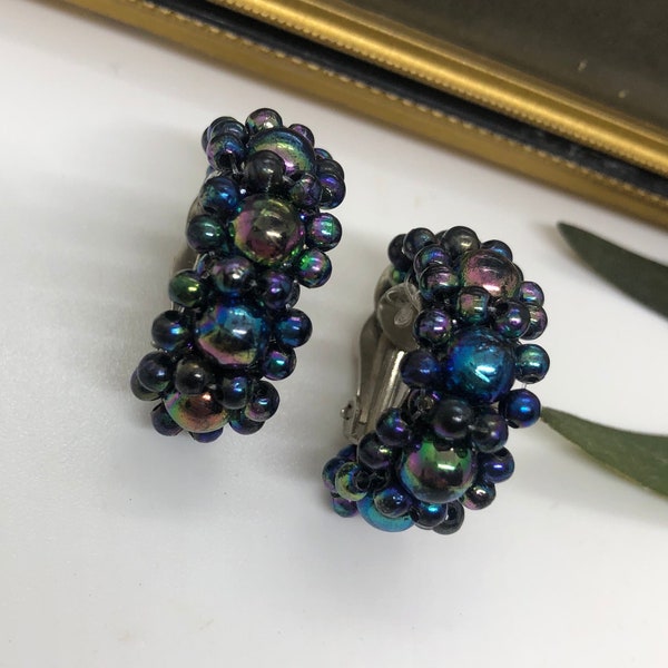 Pretty Vintage Dark Aurora Bead Clip On Huggie Earrings. Lovely Vintage Clip On Earrings with Peacock Iridescent Beads. Vintage Bead Earring