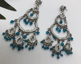 Stunning Teal Green Bead + Imitation Diamond Cocktail Earrings. Beautiful Teal Blue Green Silver Tone Simulated Diamond Drop Earrings.