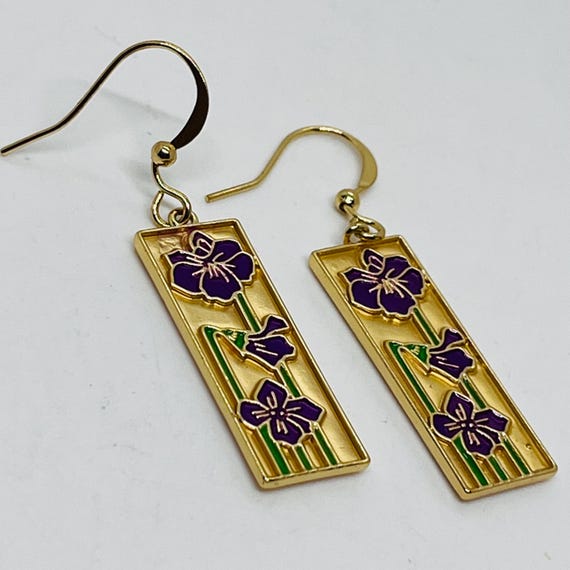 Beautiful Gold Tone Rectangular Purple + Green En… - image 1