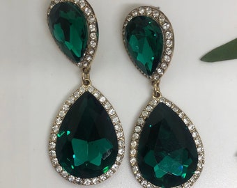 Stunning Vintage Simulated Green Emerald + Faux Diamond Cocktail Earrings. Beautiful Faux Emerald Green + Simulated Diamond Wedding Earrings