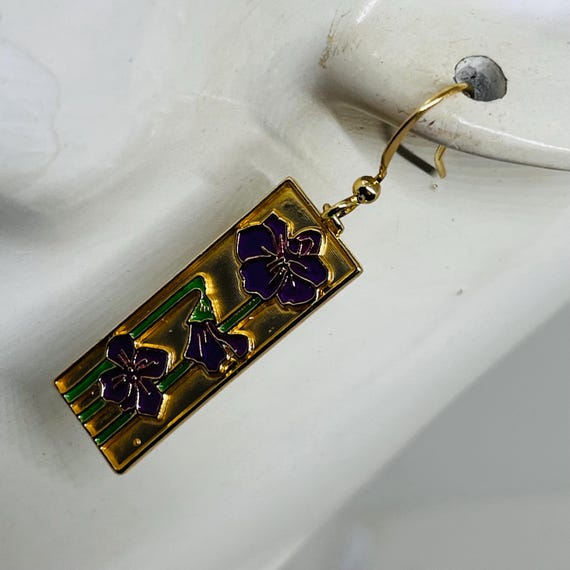 Beautiful Gold Tone Rectangular Purple + Green En… - image 2