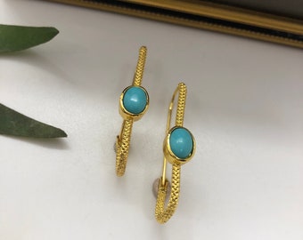 Fabulous Miminalist Rectangular Gold Tone Hoop Earrings with Faux Turquoise Cabochon. Beautiful Rectangular Gold Tone Rectangle Hoop Earring