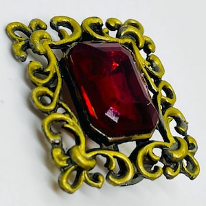 Fabulous Simulated Red Ruby Rectangular Brooch. Stunning Faux Red Ruby Geometric Rectangle Brooch. Brass Tone Red Stones Rectangle Brooch. image 3