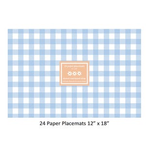 Baby Blue Gingham Paper Placemats - Set of 24 Paper Placemats 12&quot; x 18&quot; - Disposable Placemats
