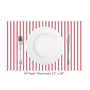 May include: A set of 24 paper placemats measuring 12 inches by 18 inches, featuring a vertical red and white striped pattern. A plain white round dinner plate is centered on the placemat, with a silver metal fork on the left and a knife on the right.