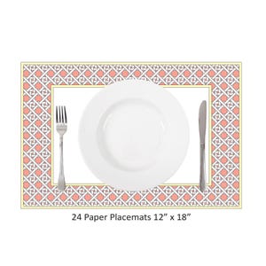 May include: A rectangular paper placemat measuring 12 inches by 18 inches with a coral and white lattice border pattern, featuring a central white plate, a silver fork on the left, and a silver knife on the right. Text reads 24 Paper Placemats 12" x 18".