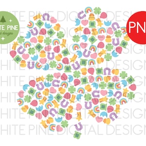 May include: A four-leaf clover made up of various St. Patrick's Day themed icons, including rainbows, shamrocks, horseshoes, hearts, and gold coins.