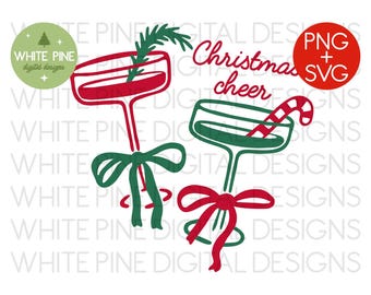 May include: A festive graphic featuring two cocktail glasses with holiday decorations. One glass is red with a sprig of greenery, the other green with a candy cane. The words "Christmas cheer" are written in red script.