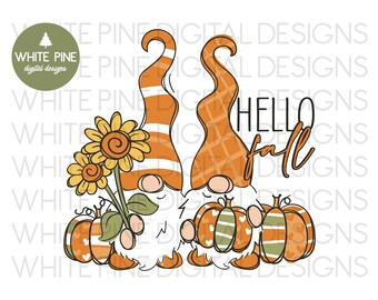 Hello Fall Gnomes PNG, Autumn Pumpkin Design (Digital Download)