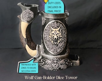 Wolf crest mug dice tower, custom 3d printing for holding cans, dnd group gift, present for boyfriend, ttrpg accessories for her