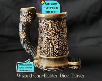 Wizard mug dice tower, image with hat, robe, staff, custom 3d printing for holding cans, dnd group gift, present for boyfriend, accessories