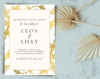 Classic Gold Wedding Invitation, Wedding Invitation Template, Downloadable Wedding Invite, DIY Wedding Invite, Whimsical Wedding Invitation