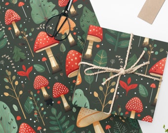 Rollo de papel de regalo con forma de seta navideña, papel de regalo único, bonito papel de regalo bohemio, papel de regalo cottagecore, papel de regalo con temática de bosque.