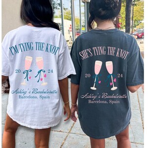 Shes Tying The Knot Bachelorette Shirts, Coquette Bow Bachelorette, Coquette Aesthetic Bridesmaids Gifts, Custom Location Bachelorette Shirt