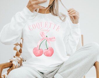 Pink Bow Crewneck Sweatshirt, Coquette Balletcore Sweatshirt, Coquette Top, Coquette Clothing, Girly Era Pink Ribbon Cherry Bow Pullover