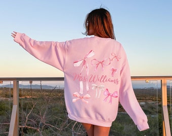 Coquette Personalized Mrs Sweatshirt In My Engaged Era Custom Pink Bow Bride Sweatshirt Fiance Gift For Her Honeymoon Crewneck Miss to Mrs