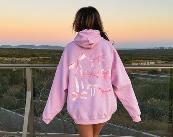 Pink Bow Hoodie Sweatshirt, Coquette Hoodie Sweatshirt, Ballet Sweatshirt, Coquette Top, Coquette Clothing, Girly Pink Ribbon Bow Pullover