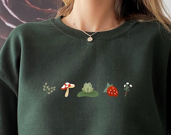Cottagecore Sweater, Frog Sweatshirt, Mushroom Sweater, Kawaii Sweater, Strawberry Sweater, Goblincore Clothing, Fairycore Clothing