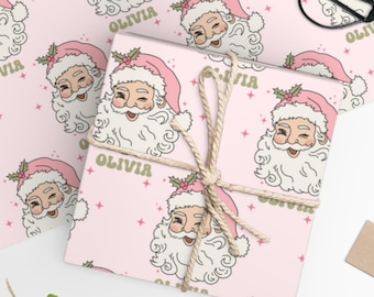 Papier cadeau de Noël rose mignon avec nom du Père Noël, papier cadeau personnalisé, rouleaux de papier cadeau rétro avec visage du Père Noël, papier cadeau de Noël amusant