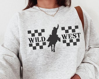 Jersey Boho Wild West, sudadera Cowboy Killer, cuello redondo occidental, sudadera gráfica occidental de moda, sudadera country, sudadera de rodeo