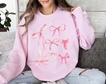 Pink Bow Crewneck Sweatshirt, Coquette Sweatshirt, Ballet Sweatshirt, Coquette Top, Coquette Clothing, Girly Pink Ribbon Bow Pullover