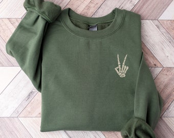 Sweat-shirt main squelette, pull squelette signe de la paix, col rond Halloween squelette, sweat-shirt raglan squelettes dansants