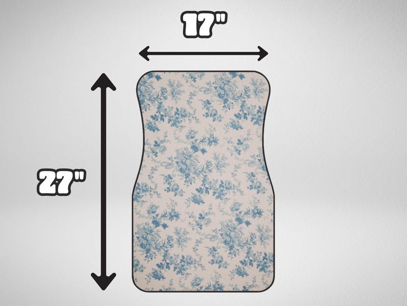 May include: A white and blue floral car floor mat measuring 17 inches wide and 27 inches long.