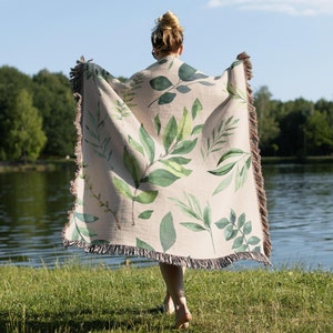 Manta tejida botánica, manta de helecho Cottagecore, manta natural, manta tejida verde, regalo para amantes de las plantas, manta estética, regalo para mamá