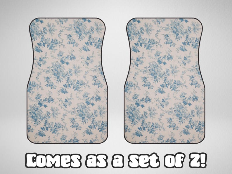 May include: A set of two car floor mats with a blue and white floral pattern.  Comes as a set of 2!